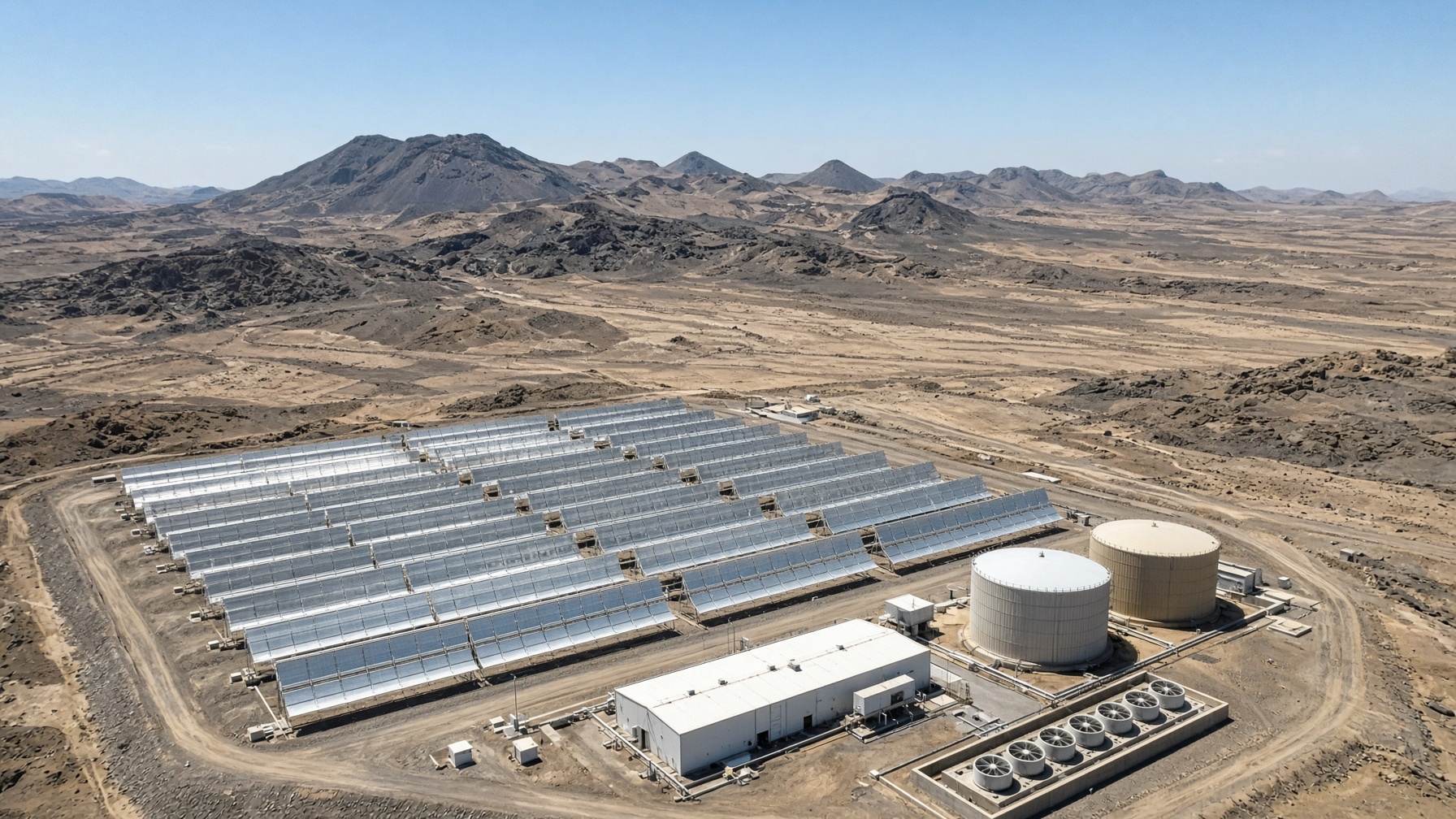 Parabolic trough solar field with molten-salt tanks