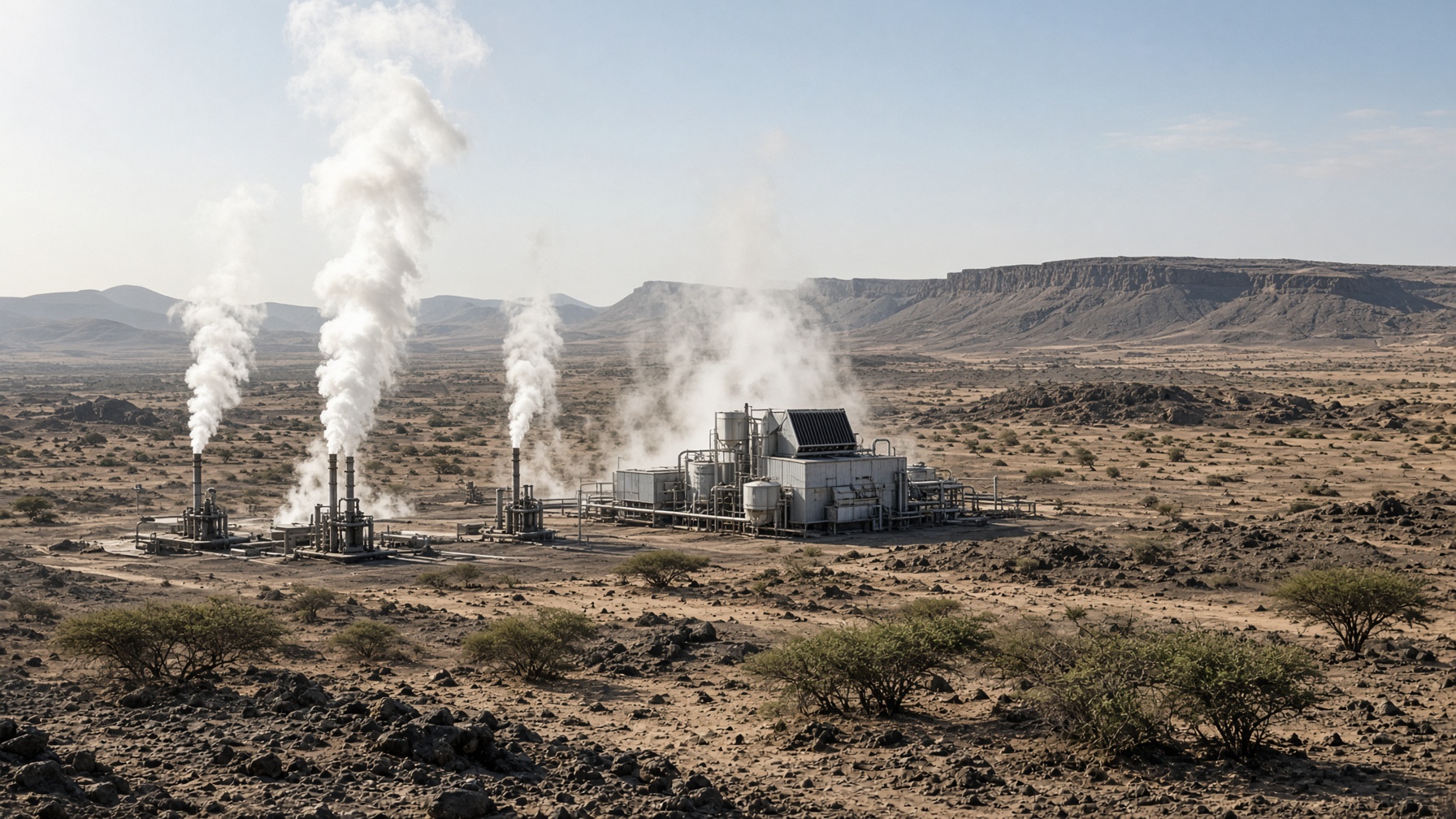 Geothermal well pads and steam in a rift desert